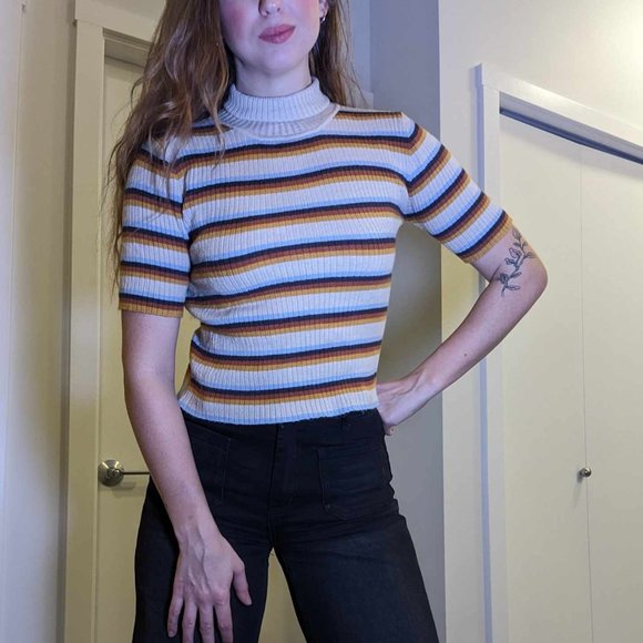 ⚡ {Ardene} Retro 70s Striped Ribbed Knit Turtle Neck Sweater, Ultra Soft - Picture 1 of 5